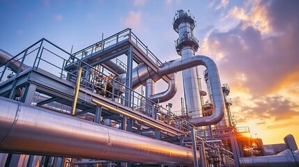 Sticker - Industrial Petroleum Pipeline and Rack at Sunset in an Oil Plant