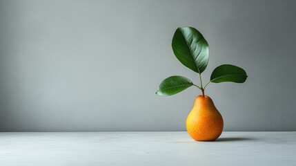 Poster - A pear with leaves on a minimalist background.