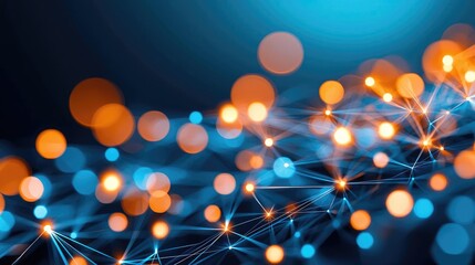 Poster - Fireworks abstract background idea. Abstract digital network with glowing lines and nodes in blue and orange colors.