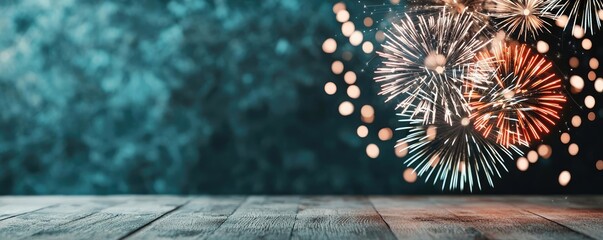 Poster - Fireworks abstract background idea. Festive fireworks bursting in the night sky over a wooden table, celebrating joyful moments.