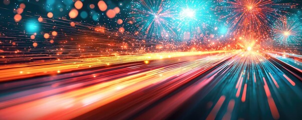 Poster - Fireworks abstract background idea. Abstract light trails create vibrant motion in a futuristic digital landscape.