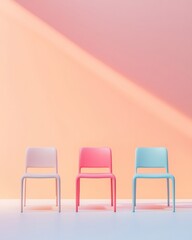 Poster - Surreal Minimalist Room with Pastel Chairs and Light Streaks Symbolizing Strategy