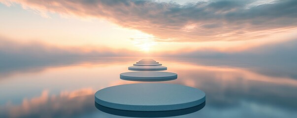 Poster - Circles abstract background concept. Serene landscape of circular platforms reflecting in tranquil waters at sunset.