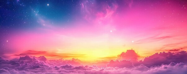 Poster - Cosmic abstract background idea. A vibrant sunset over clouds with colorful hues of pink, purple, and blue.