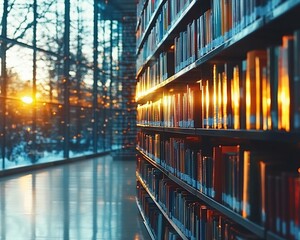 Poster - Golden Winter Light in a Quiet Library with Stacked Scientific Books