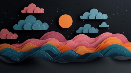 Poster - Cosmic abstract background idea. A vivid paper art scene featuring waves, clouds, and a vibrant sun on a dark background.