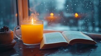 Poster - Cozy Winter Meditation Steaming Herbal Tea, Open Book, and Candle by Frosted Window