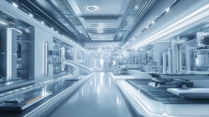 Poster - high-tech factory with large scale automated systems interior