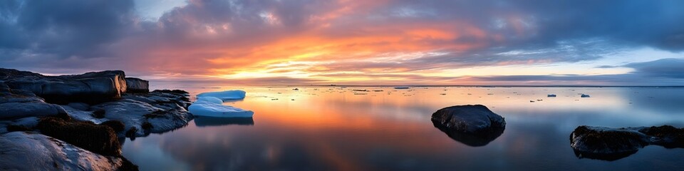Aufkleber - A panoramic view of an iceberg glowing under the golden light of the midnight sun, with calm waters reflecting its vibrant hues, in 4K resolution