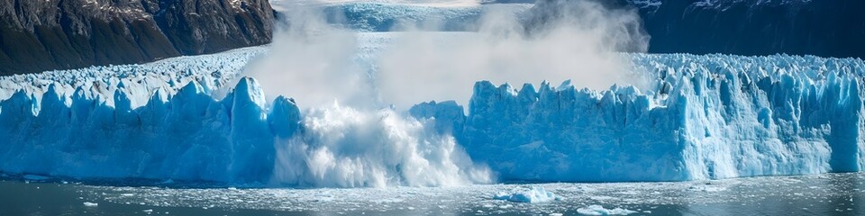 Poster - Wide-angle shot of a massive glacier calving into the sea, with dynamic waves and mist rising under soft summer light, in 4K resolution
