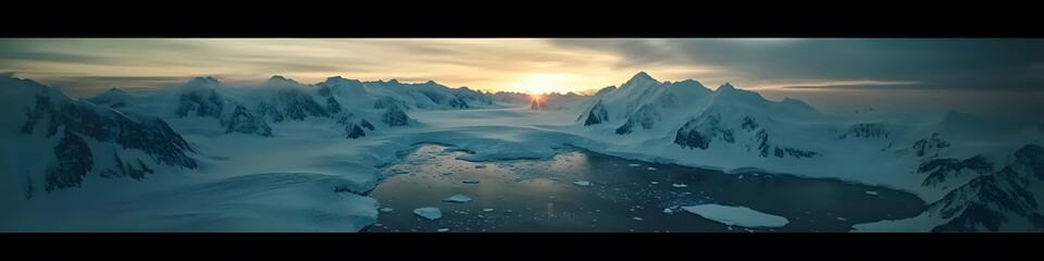 Aufkleber - Aerial panorama of the Antarctic Peninsula glowing under the golden light of the midnight sun, with jagged peaks and dynamic sea ice, in 4K resolution