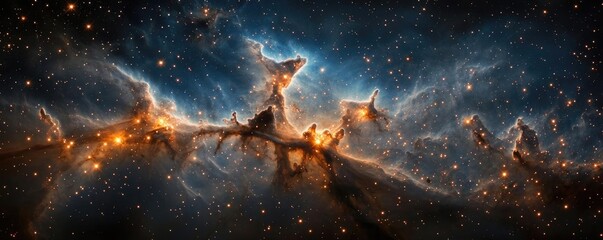 Poster - Cosmic abstract background idea. A stunning view of cosmic nebulae illuminated by distant stars in deep space.