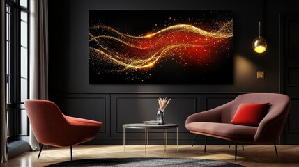 Poster - Dynamic abstract fireworks with radiant gold bursts and red spark trails on a black canvas.