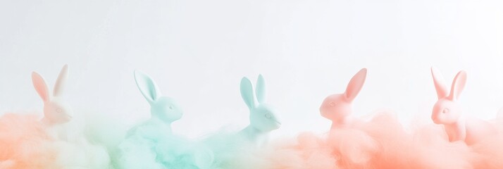 Poster - Pastel Bunny Silhouettes in Cotton Cloud Atmosphere