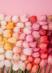 Poster - Vibrant Floral Gradient of Colorful Tulips on Pink Background