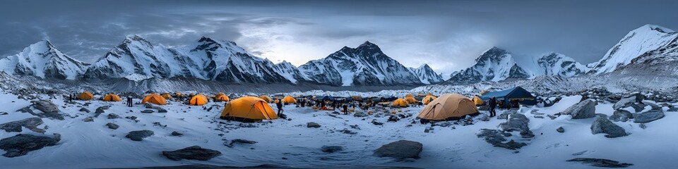 Leinwandbilder - Panoramic view of Everest Base Camp illuminated by the golden hour, with layers of jagged peaks and dynamic clouds creating depth, in 4K resolution