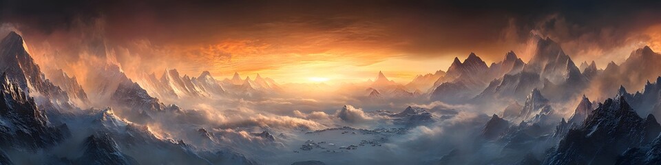Leinwandbilder - Panoramic view of Everest Base Camp illuminated by the golden hour, with layers of jagged peaks and dynamic clouds creating depth, in 4K resolution