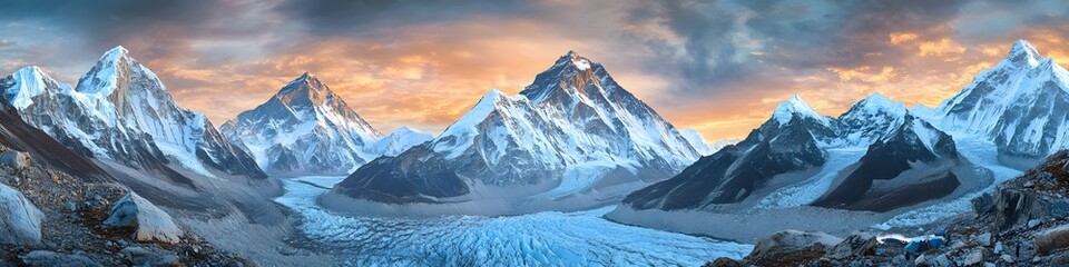 Leinwandbilder - Panoramic view of Everest Base Camp illuminated by the golden hour, with layers of jagged peaks and dynamic clouds creating depth, in 4K resolution