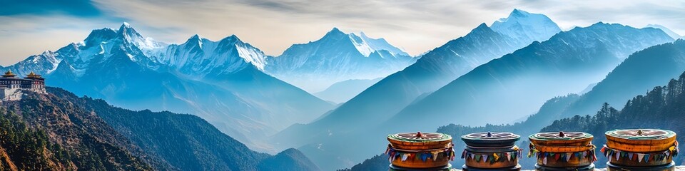 Aufkleber - Panoramic view of vibrant prayer wheels at a high-altitude monastery near Everest Base Camp, with layers of mountains stretching into the horizon, in 4K resolution