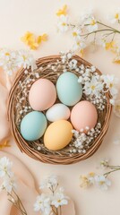 Poster - Vibrant Easter Egg Basket with Spring Flowers on Soft Canvas Background