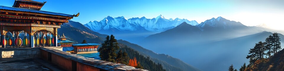 Aufkleber - Panoramic view of vibrant prayer wheels at a high-altitude monastery near Everest Base Camp, with layers of mountains stretching into the horizon, in 4K resolution