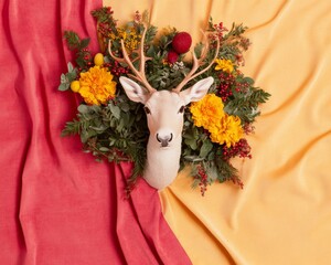 Wall Mural - Festive Reindeer Head with Floral Arrangement on Colorful Fabric Background