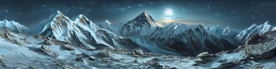 Poster - Panoramic view of the Everest massif illuminated by the first light of dawn, with warm hues painting the surrounding peaks, in 4K resolution