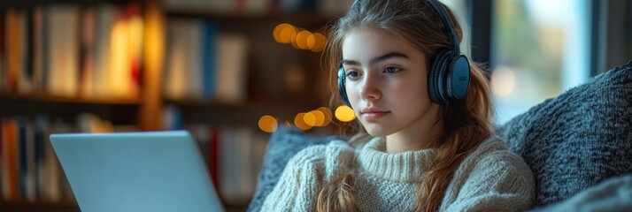 Poster - Focused Teen Girl Studying with Laptop in Cozy Daylight by Window