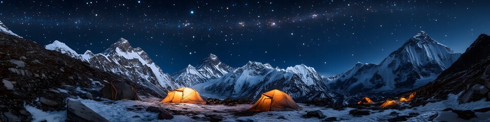 Aufkleber - Panoramic view of the snow-covered peaks surrounding Everest Base Camp under a star-filled night sky, with warm light glowing from tents, in 4K resolution