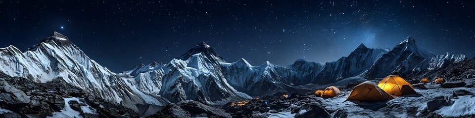 Aufkleber - Panoramic view of the snow-covered peaks surrounding Everest Base Camp under a star-filled night sky, with warm light glowing from tents, in 4K resolution