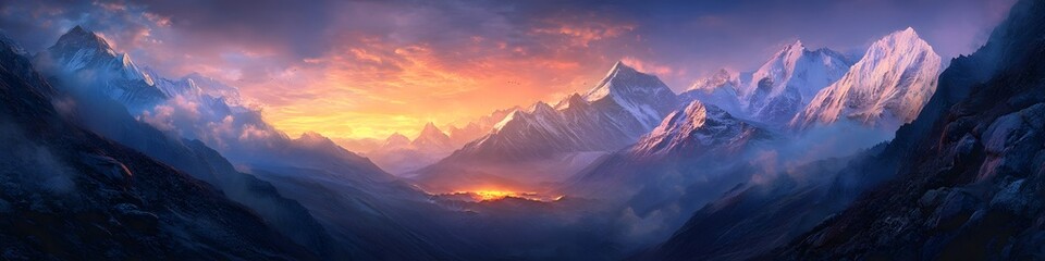 Aufkleber - Panoramic view of the Everest region illuminated by the soft hues of sunset, with Everest Base Camp glowing warmly in the valley below, in 4K resolution
