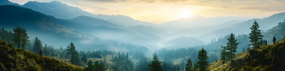 Poster - Panoramic view of the rugged Himalayan valleys glowing under soft morning light, with trekkers navigating the trail to Base Camp, in 4K resolution