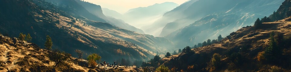 Poster - Panoramic view of the rugged Himalayan valleys glowing under soft morning light, with trekkers navigating the trail to Base Camp, in 4K resolution
