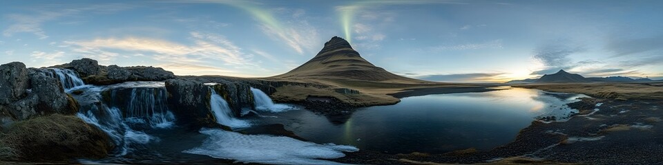 Poster - Panoramic view of the Northern Lights dancing over Kirkjufell mountain and its cascading waterfalls, with vibrant green reflections in the icy lake, in 4K resolution