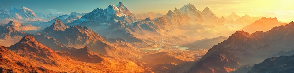 Aufkleber - Aerial panorama of the vibrant valleys and jagged peaks of the Everest region glowing under golden hour light, with Base Camp visible in the distance, in 4K resolution