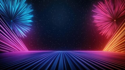 Poster - Fireworks abstract background idea. Vibrant neon abstract background with fireworks in a digital art style.