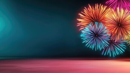 Poster - Fireworks abstract background idea. Vibrant fireworks burst in colorful patterns against a dark, misty background.