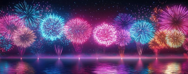 Poster - Fireworks abstract background idea. Vibrant fireworks illuminating the night sky over water in a spectacular display.