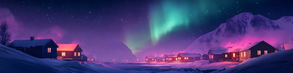 Poster - Panoramic view of the Northern Lights over the Lofoten Islands, with colorful fishing cabins glowing softly against the vibrant auroras, in 4K resolution
