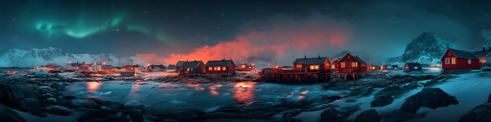 Poster - Panoramic view of the Northern Lights over the Lofoten Islands, with colorful fishing cabins glowing softly against the vibrant auroras, in 4K resolution