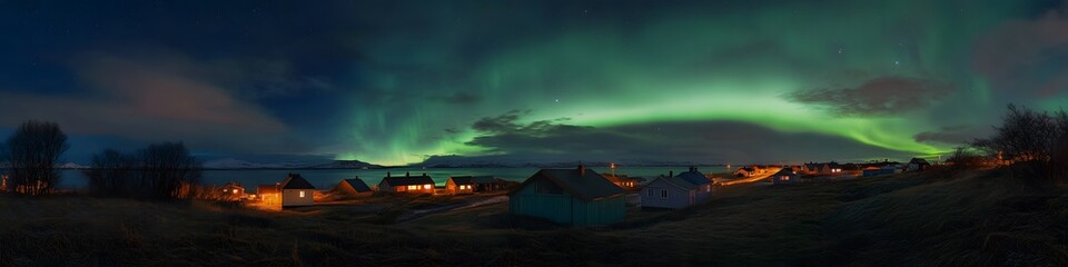Poster - Panoramic view of the Northern Lights over the Lofoten Islands, with colorful fishing cabins glowing softly against the vibrant auroras, in 4K resolution