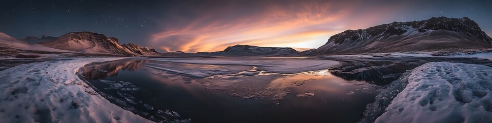 Aufkleber - Wide-angle shot of auroras over an ancient glacial valley, with dynamic light trails reflected in a winding icy river, in 4K resolution