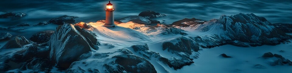 Poster - Aerial panorama of a remote lighthouse glowing under the Aurora Borealis, with snow-covered rocky outcrops framing the scene, in 4K resolution