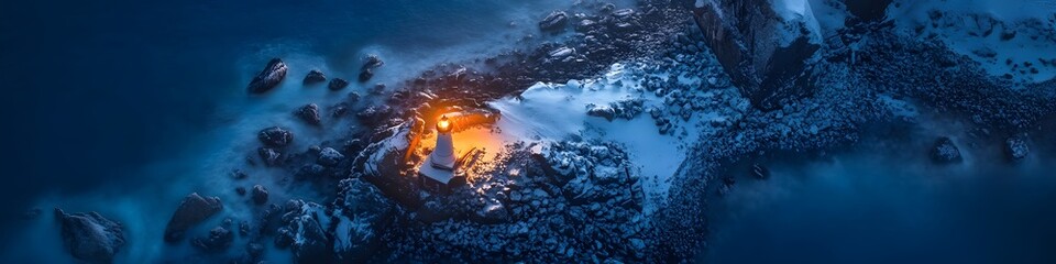Poster - Aerial panorama of a remote lighthouse glowing under the Aurora Borealis, with snow-covered rocky outcrops framing the scene, in 4K resolution