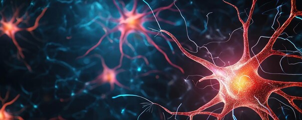 Poster - Fireworks abstract background idea. Close-up view of neurons showcasing intricate connections and vibrant colors.
