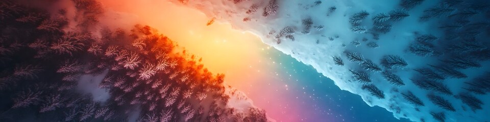 Poster - Aerial panorama of a colorful aurora display arching over an Arctic forest, with vibrant reflections glowing in the frozen lakes, in 4K resolution
