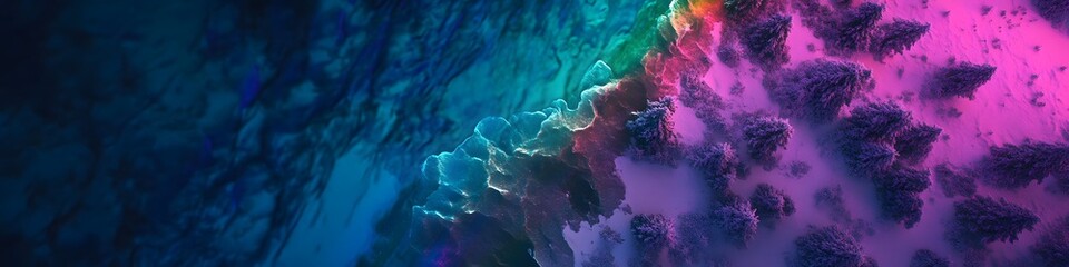 Poster - Aerial panorama of a colorful aurora display arching over an Arctic forest, with vibrant reflections glowing in the frozen lakes, in 4K resolution
