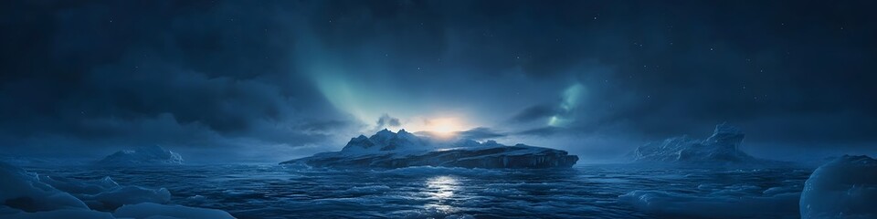 Poster - Panoramic view of the Northern Lights dancing over an isolated Arctic island surrounded by icy waters, in 4K resolution