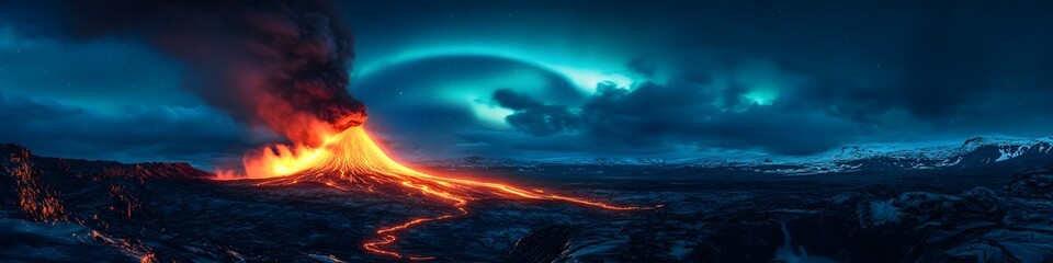Poster - Panoramic view of the Northern Lights swirling above a volcanic eruption in Iceland, with glowing lava creating a stark contrast, in 4K resolution