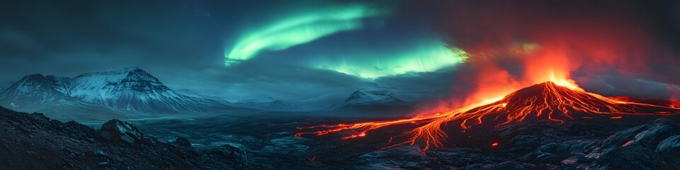Poster - Panoramic view of the Northern Lights swirling above a volcanic eruption in Iceland, with glowing lava creating a stark contrast, in 4K resolution